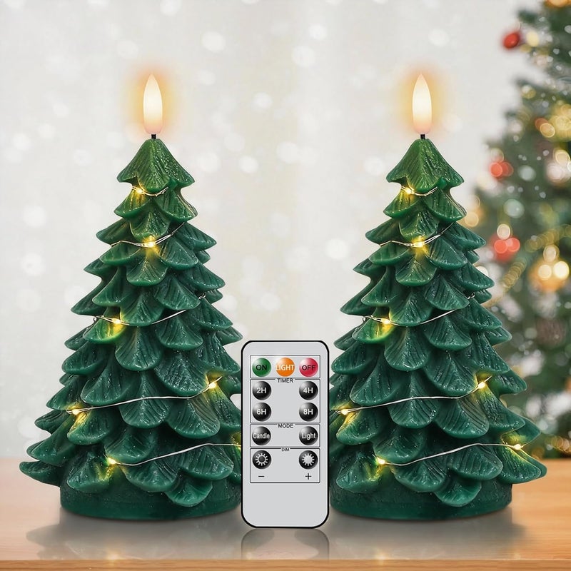 DRomance Christmas Tree Flameless Candles String Lights with 11-Key Remote and Timer, 2 Pack Green Real Wax Battery Operated 3D Wick LED Flickering Candles Dinner Holiday Indoor Decor(3" x 7.1") - Image 1